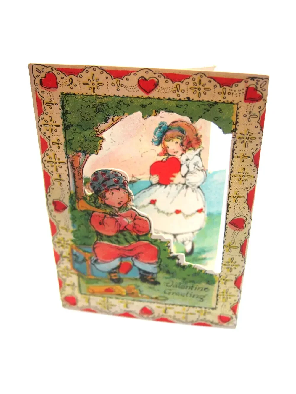 Vintage Valentine Gypsy Boy Sits Trunk Girl Die cut Fold 3D 1920s-30s UNSIGNED